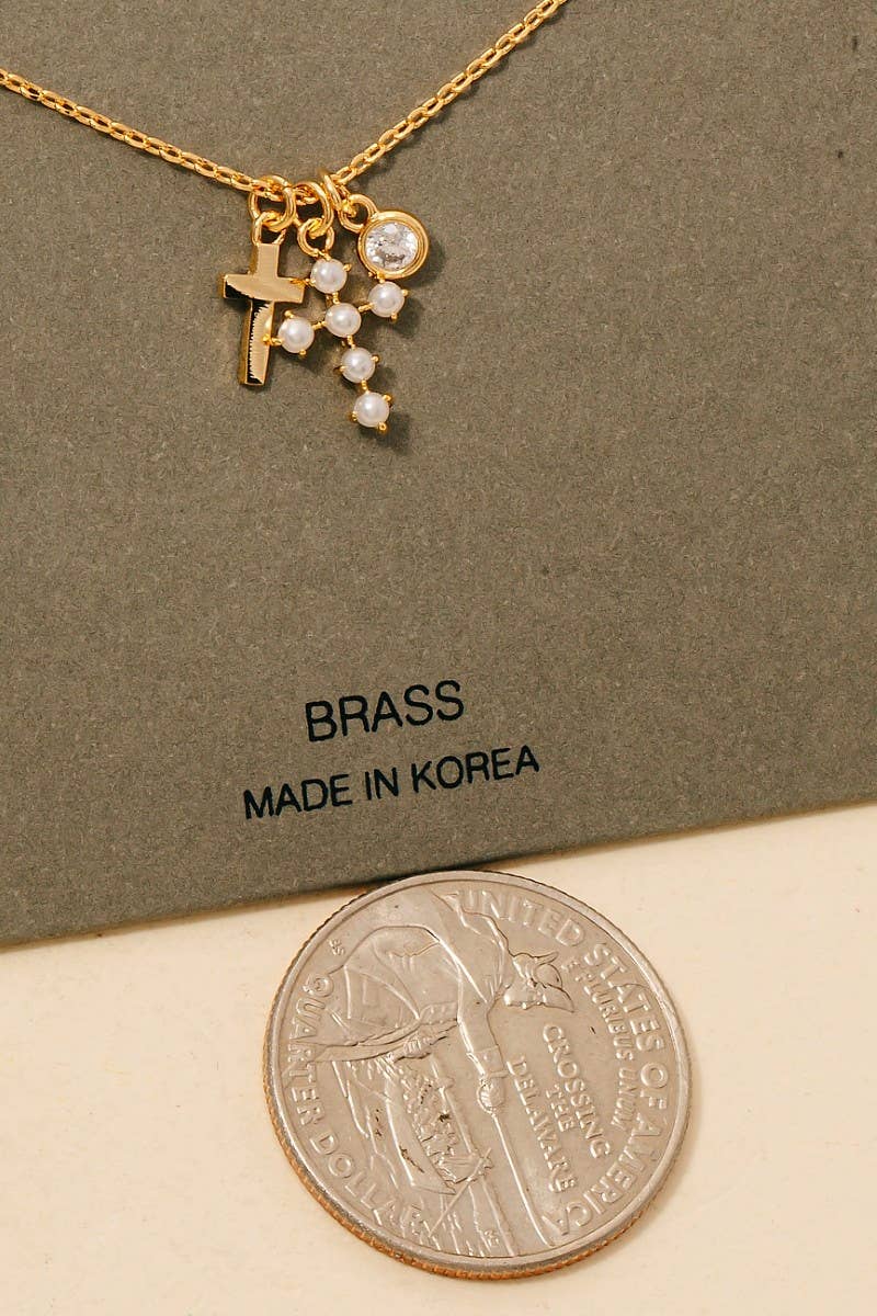 Pearl Cross And Gem Charms Chain Necklace