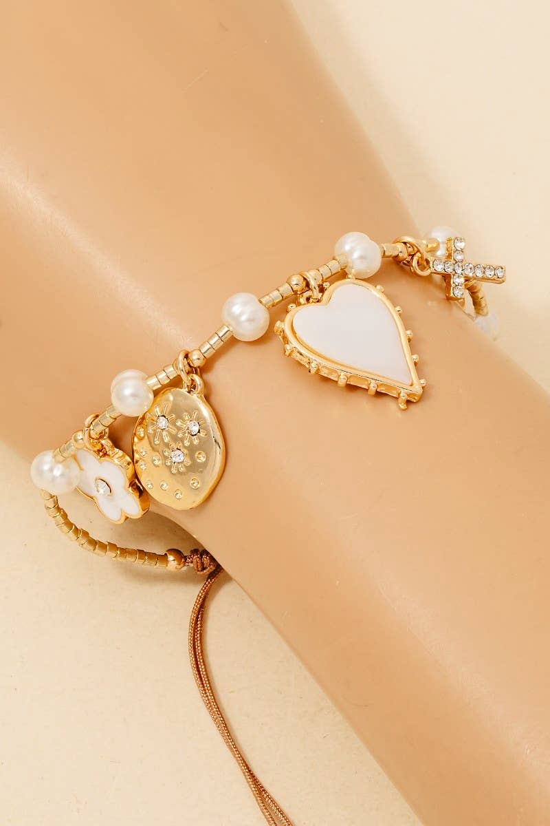 Heart Pearl And Cross Charms Adjustable Cord Bracelet