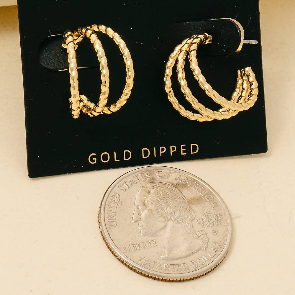 Gold Dipped Textured Triple Layered Hoop Earrings: GOLD