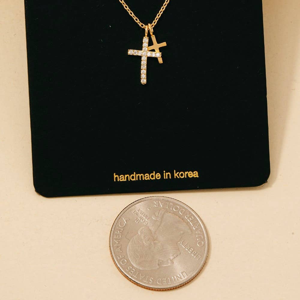 Cz Pave Double Cross Pendant Necklace: G