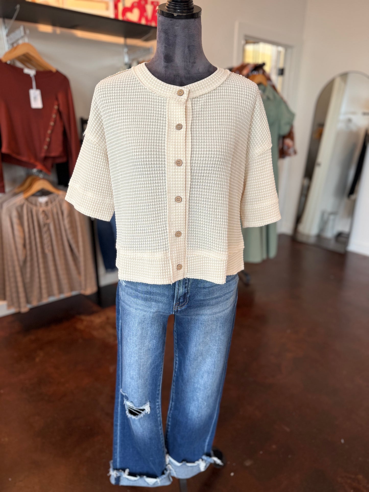 Waffle Knit Button Down Short Sleeve Top