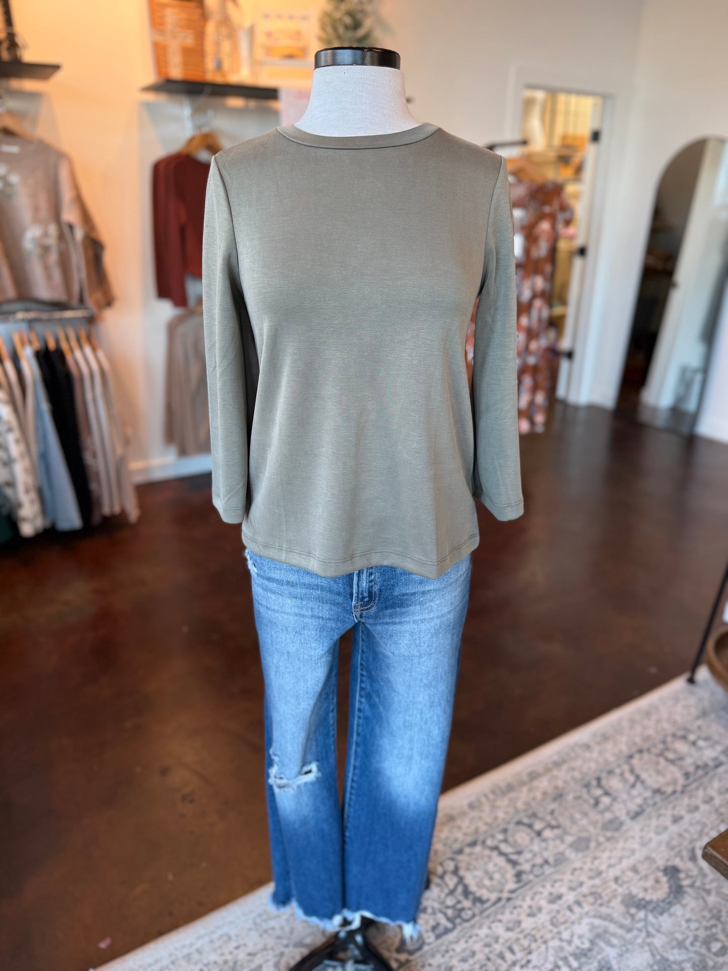 Olive Round Neck 3/4 Sleeve Top