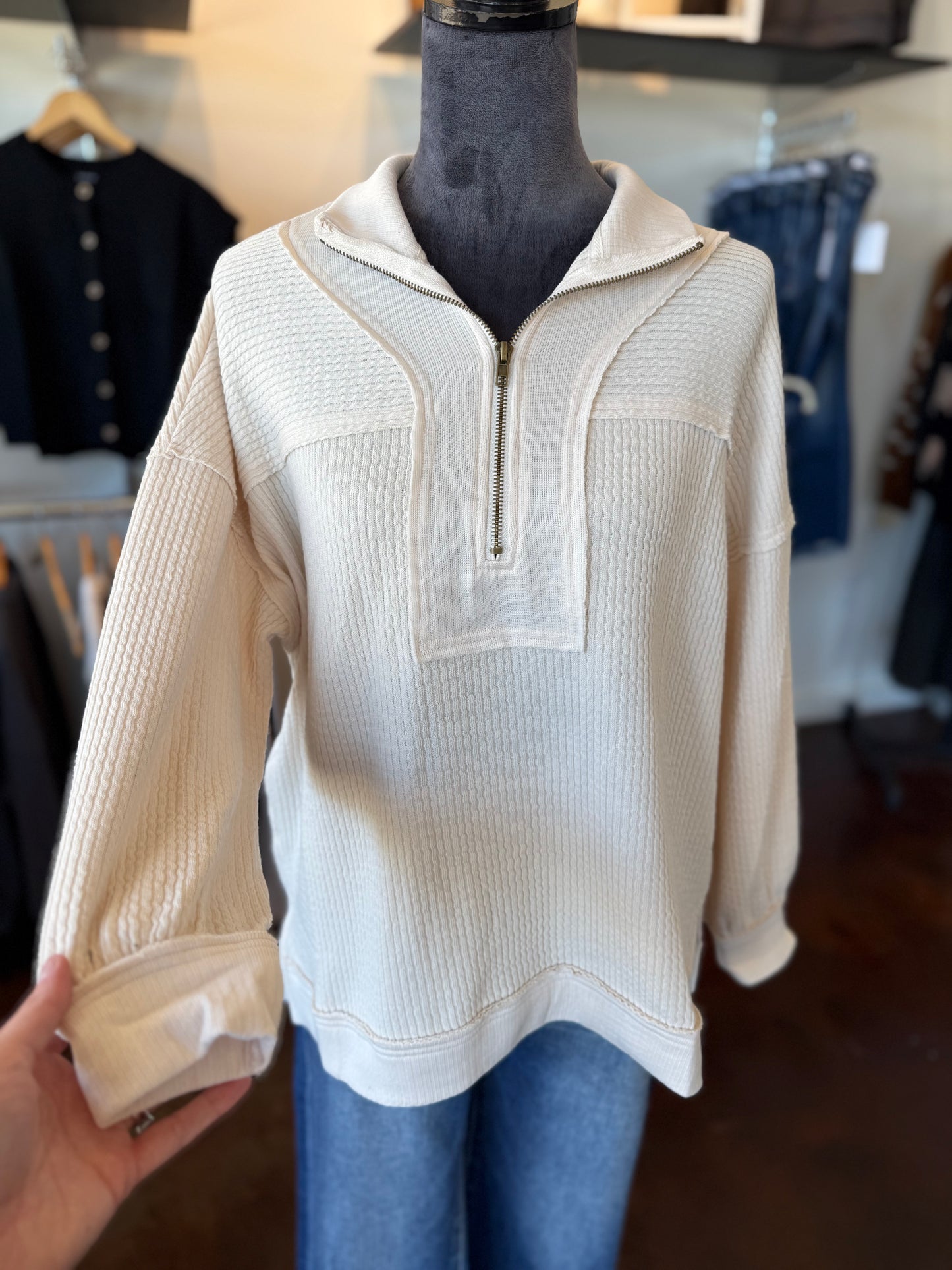 Half Zip Waffle Knit Top - Cream