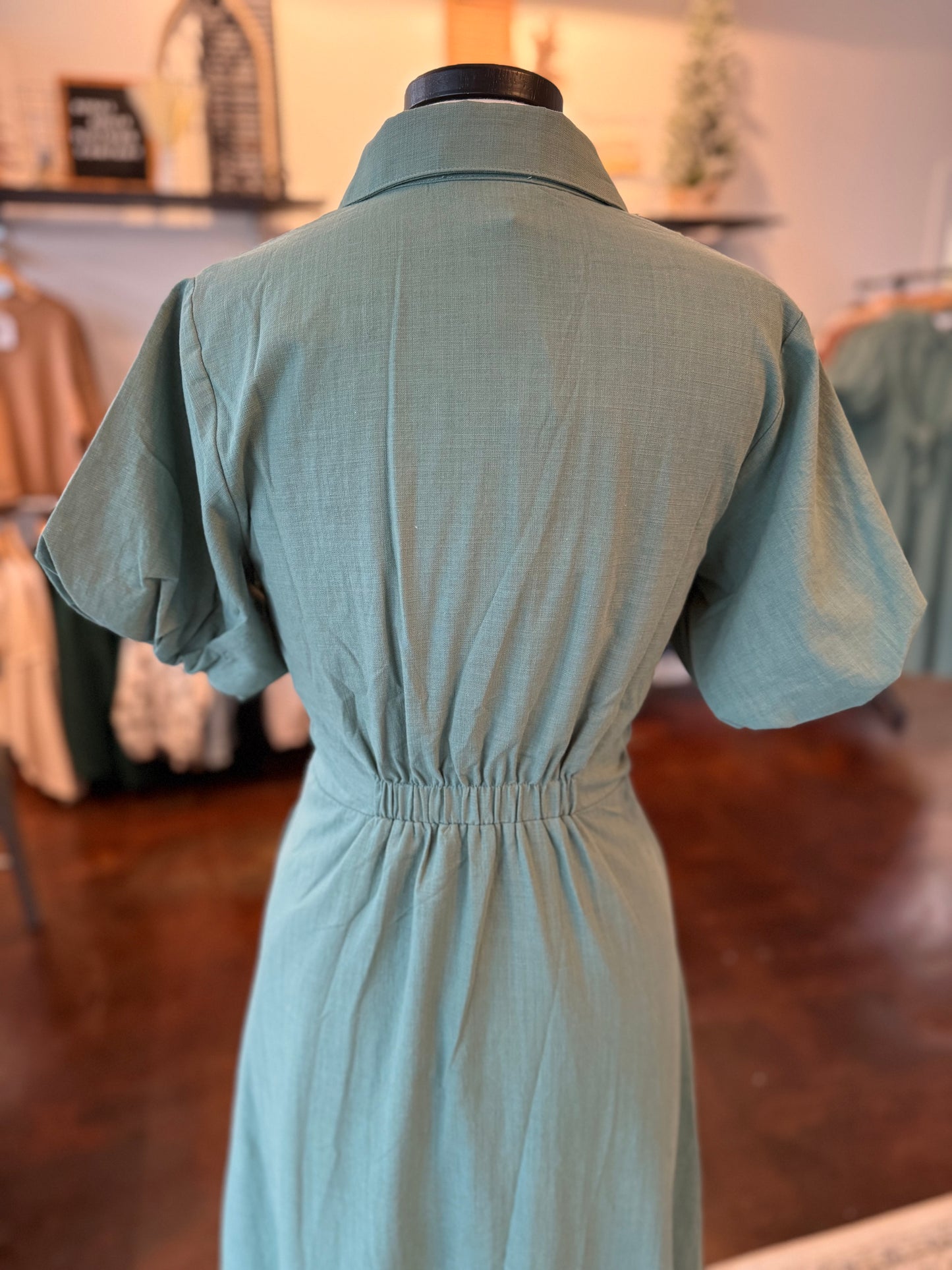 Puff Sleeve Bubble Hem Button Down Midi Dress