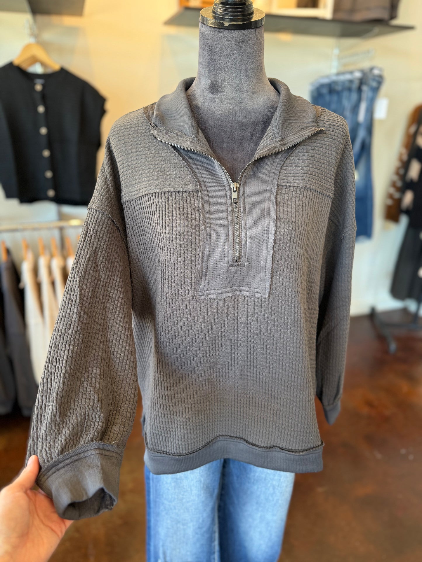 Half Zip Waffle Knit Top - Charcoal