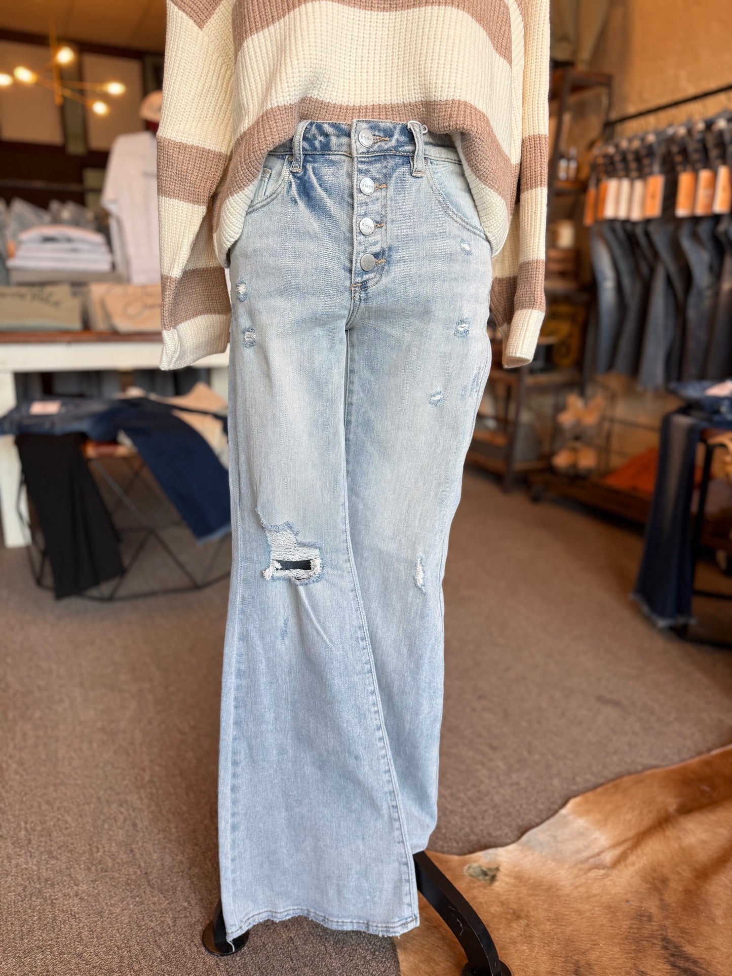 Mid Rise Distressed Flares