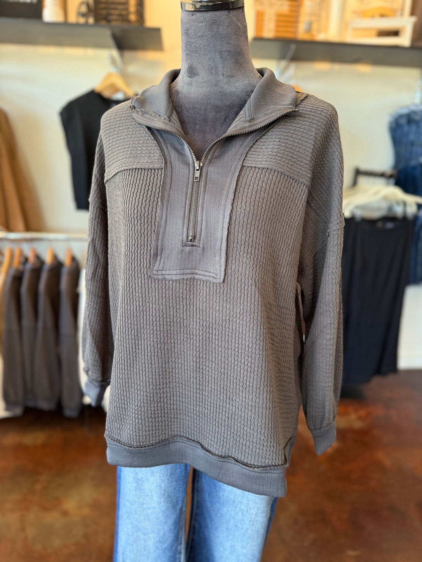 Half Zip Waffle Knit Top - Charcoal