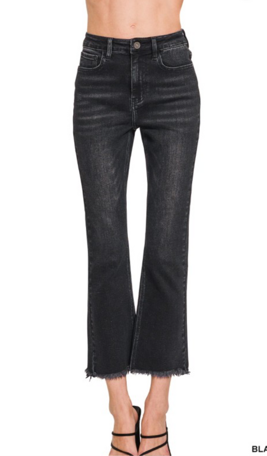 High Rise Straight Raw Hem Cropped Denim
