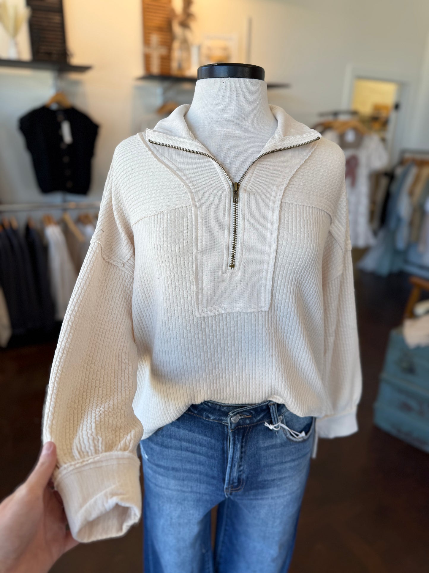 Half Zip Waffle Knit Top - Cream