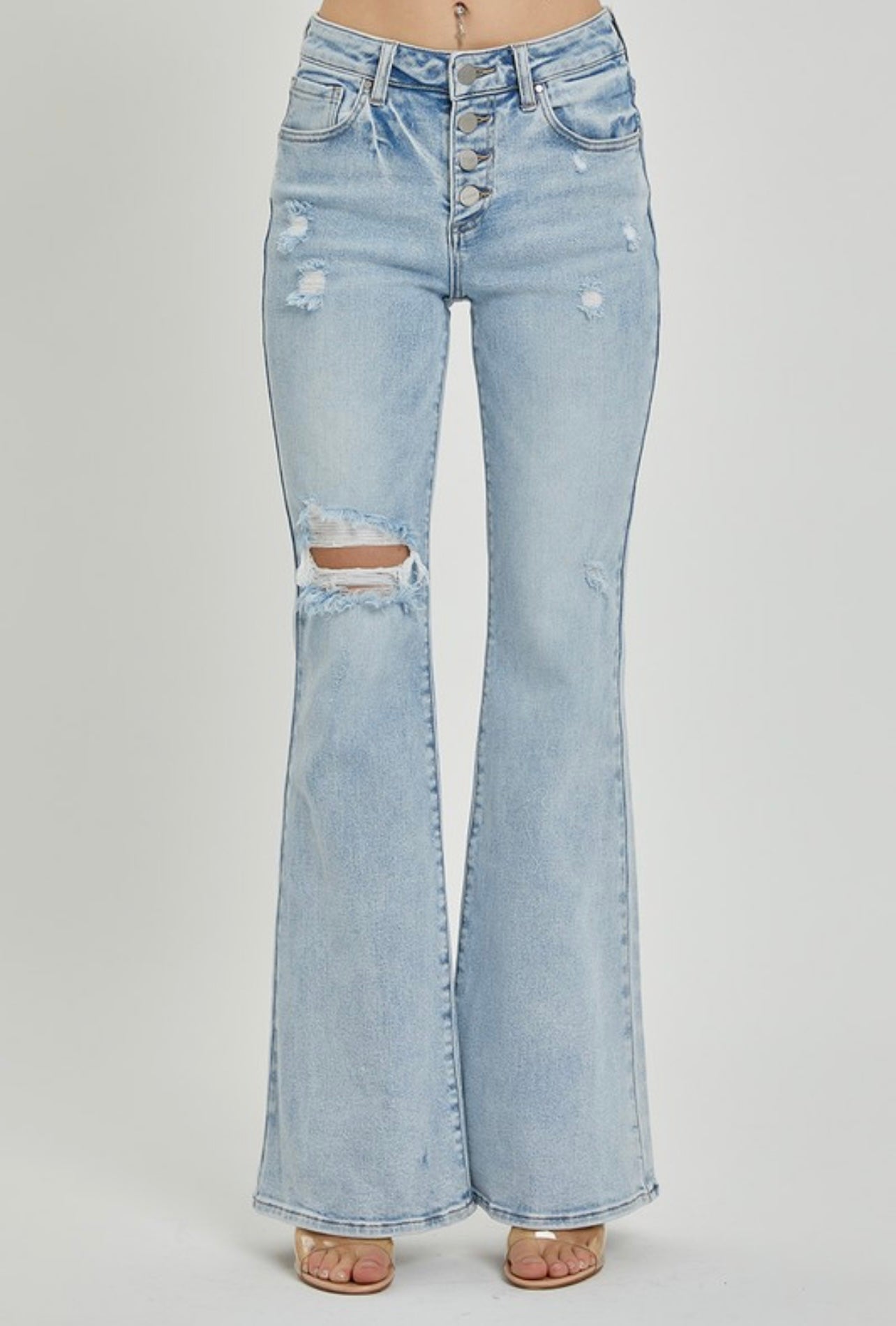 Mid Rise Distressed Flares
