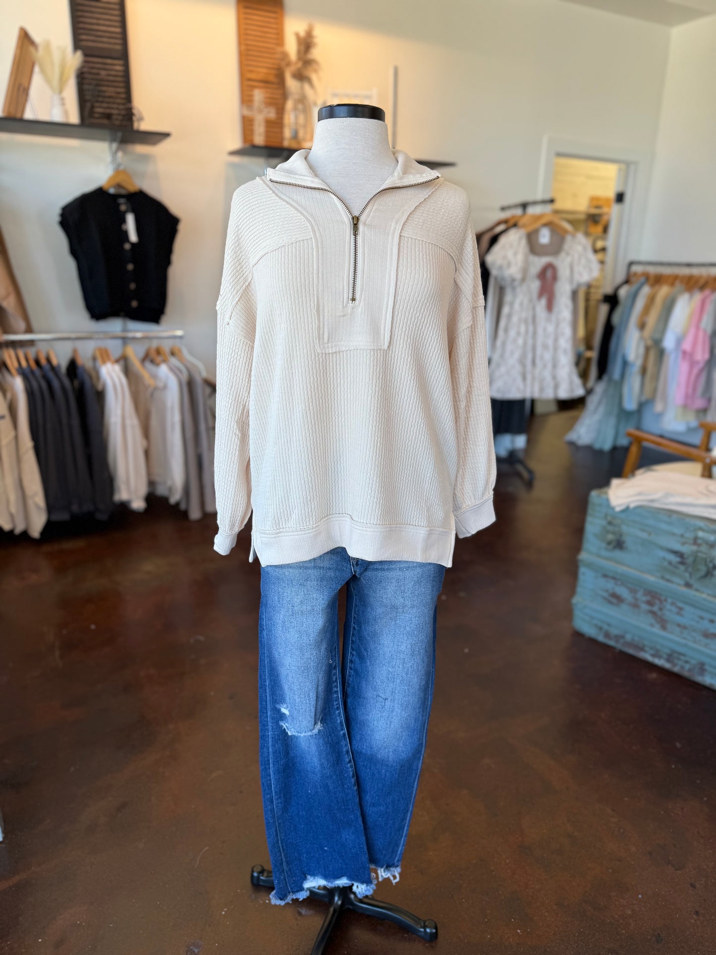 Half Zip Waffle Knit Top - Cream