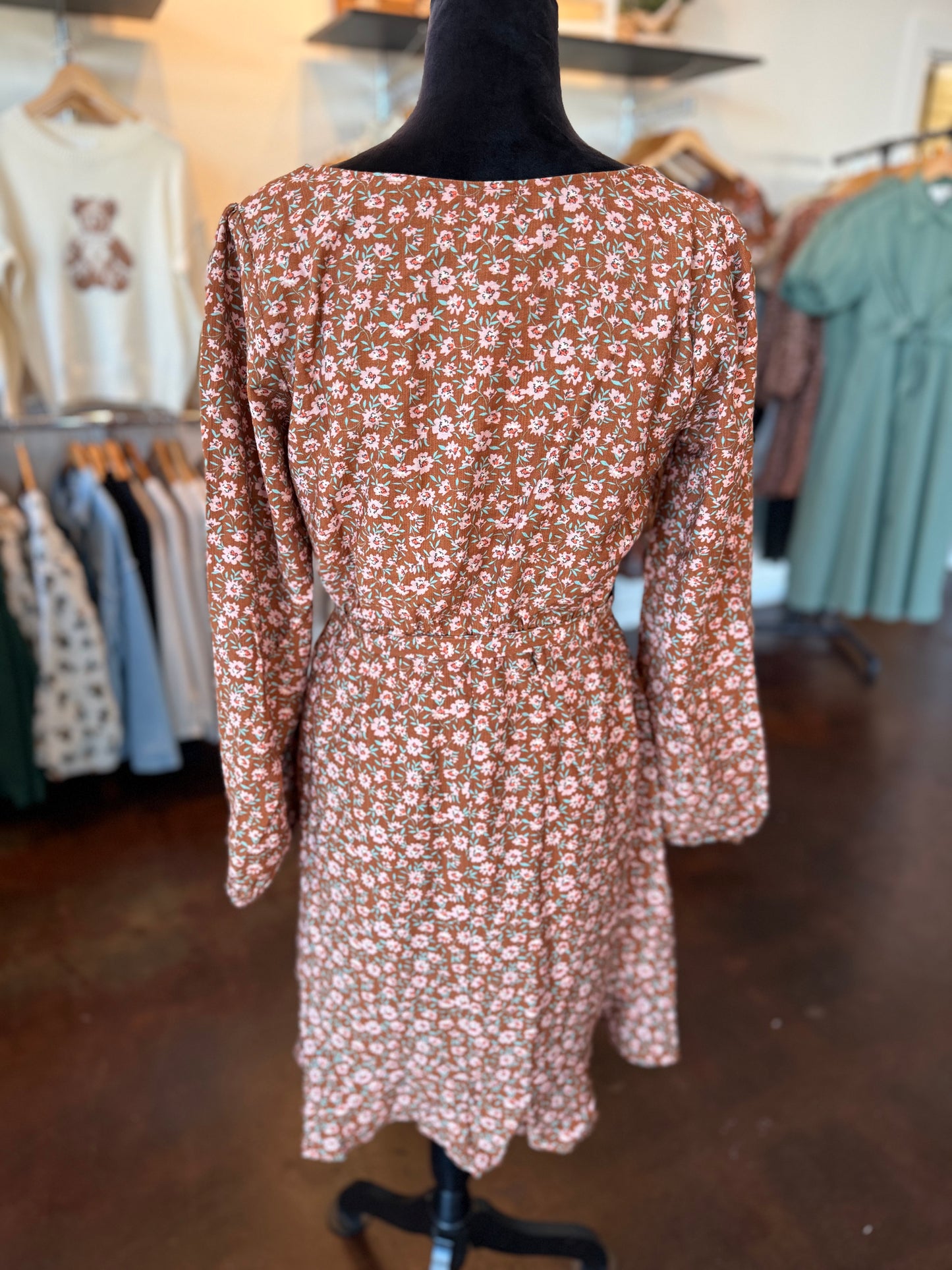 Long Sleeve Waist Tie Disty Mini Dress