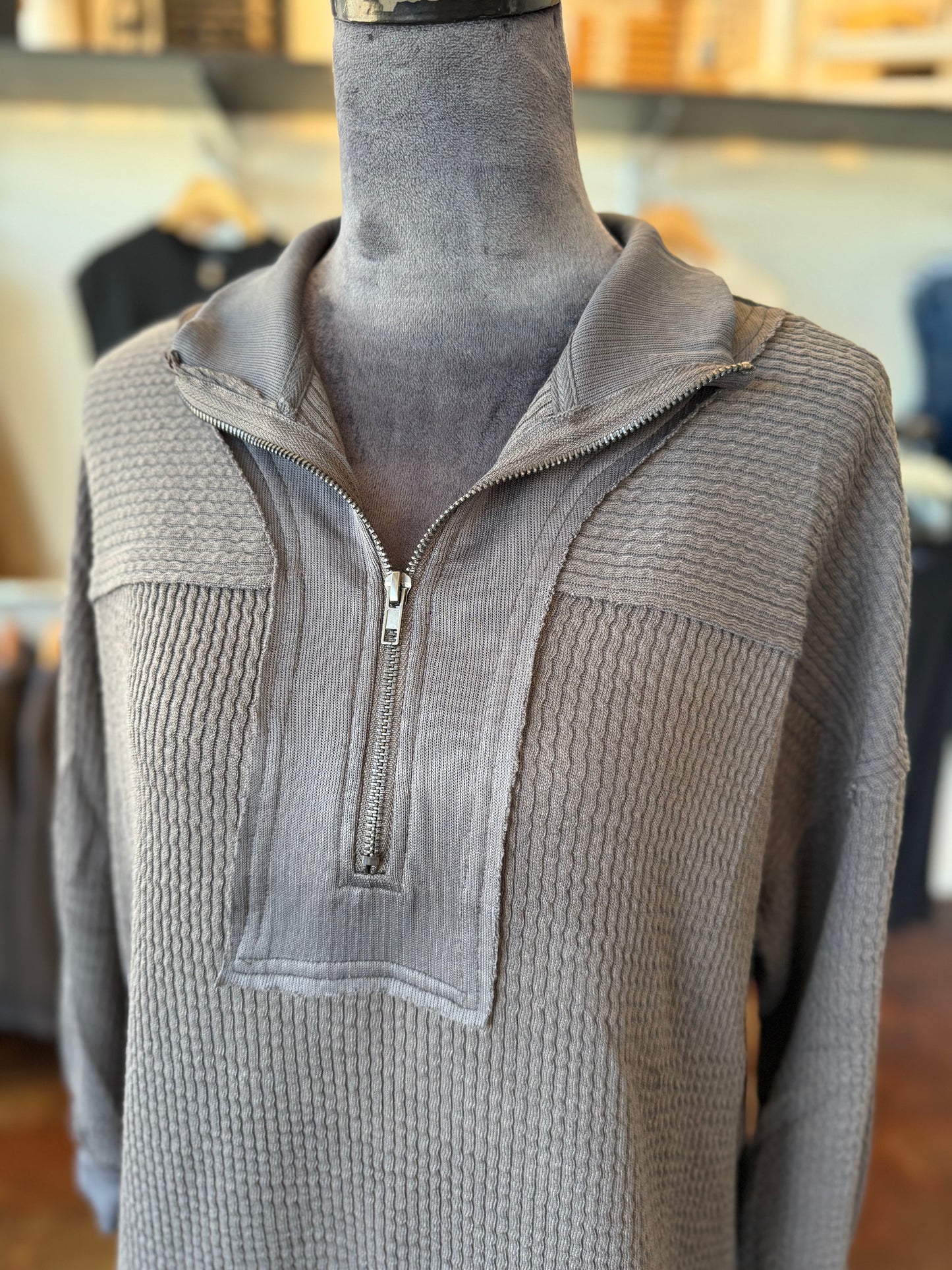 Half Zip Waffle Knit Top - Charcoal