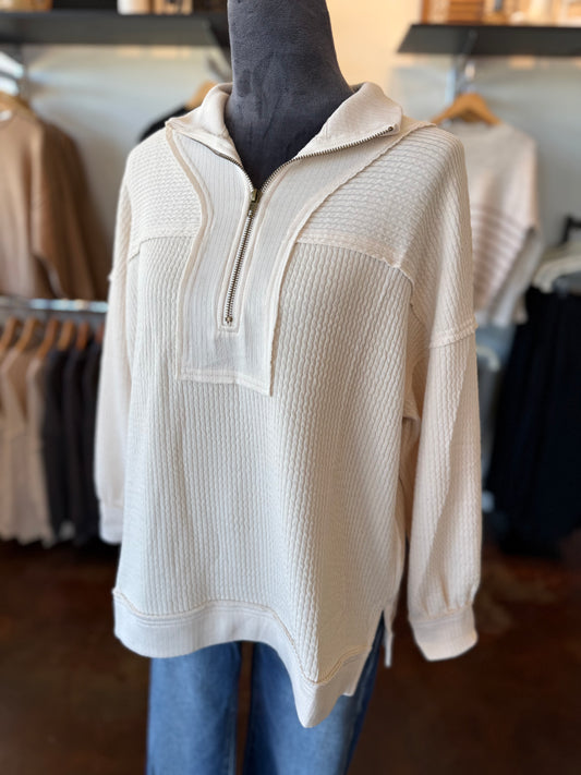 Half Zip Waffle Knit Top - Cream