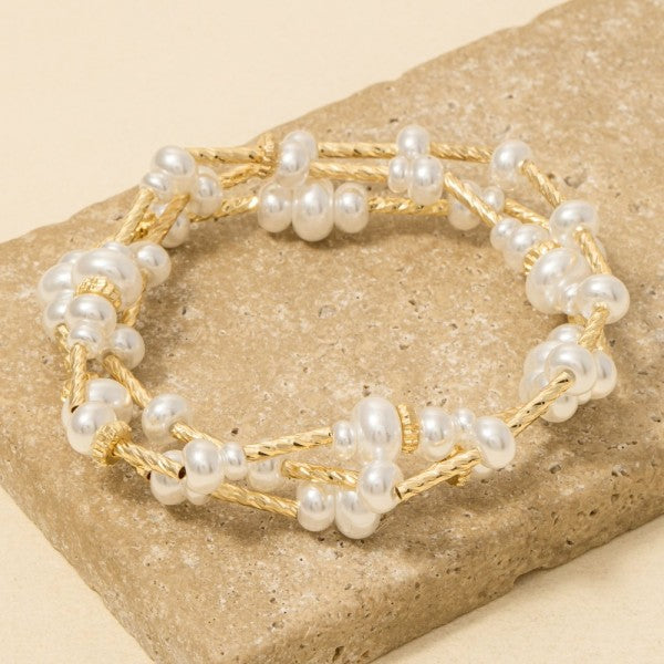 Pearls & Twisted Metallic Gold Bar Bracelet Set