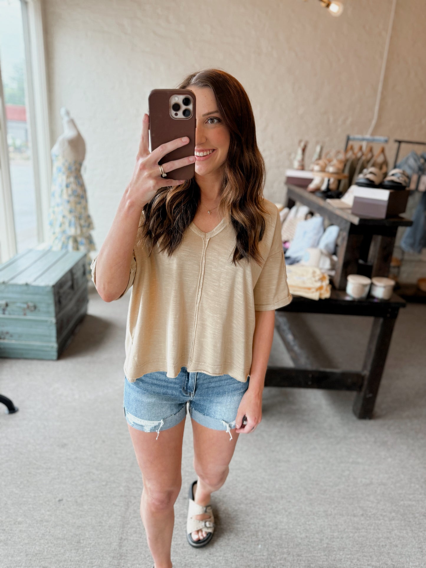 Oversized Washed Edgy Top - Beige