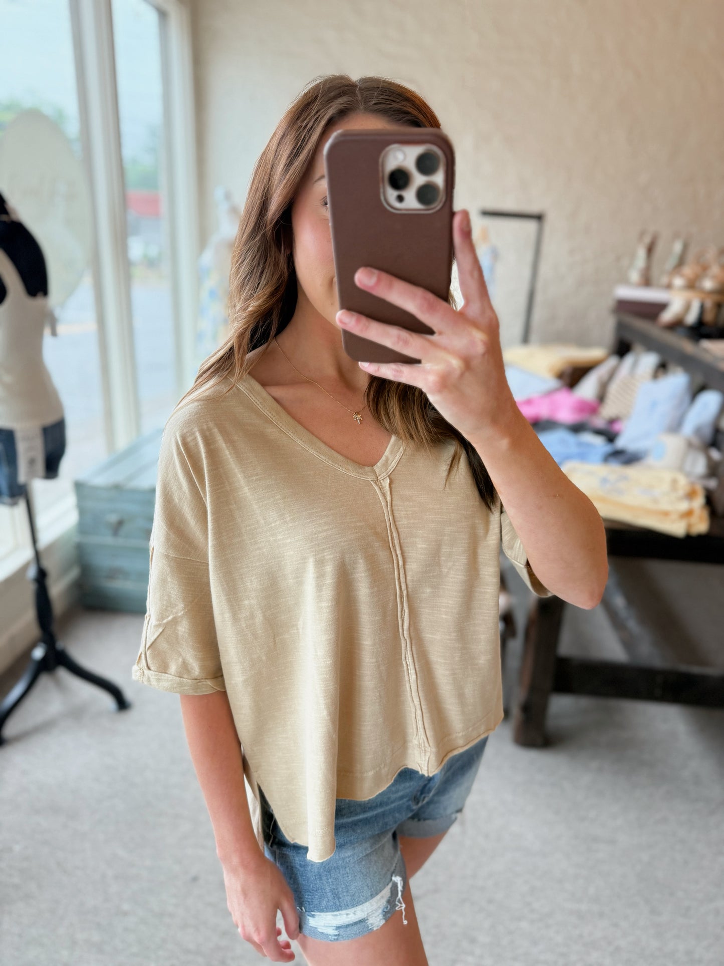 Oversized Washed Edgy Top - Beige