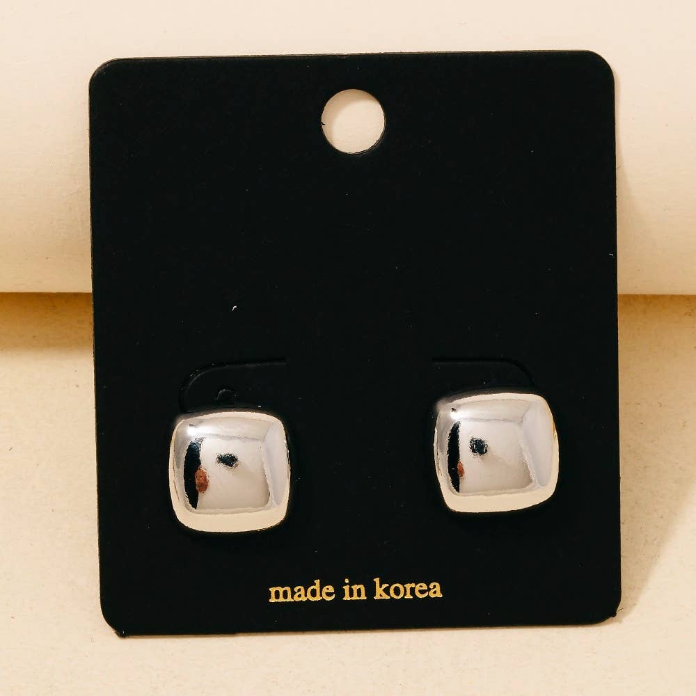 Square Metallic Button Stud Earrings - Silver