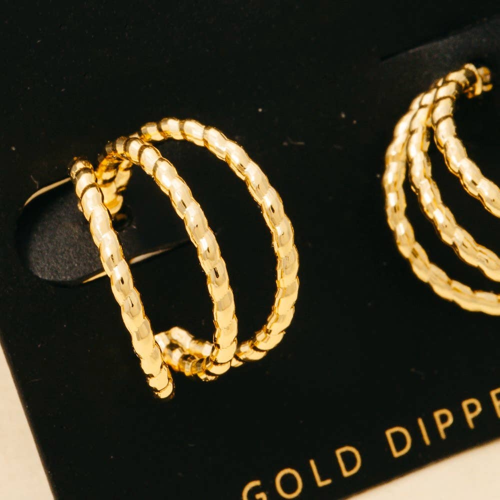 Gold Dipped Textured Triple Layered Hoop Earrings: GOLD