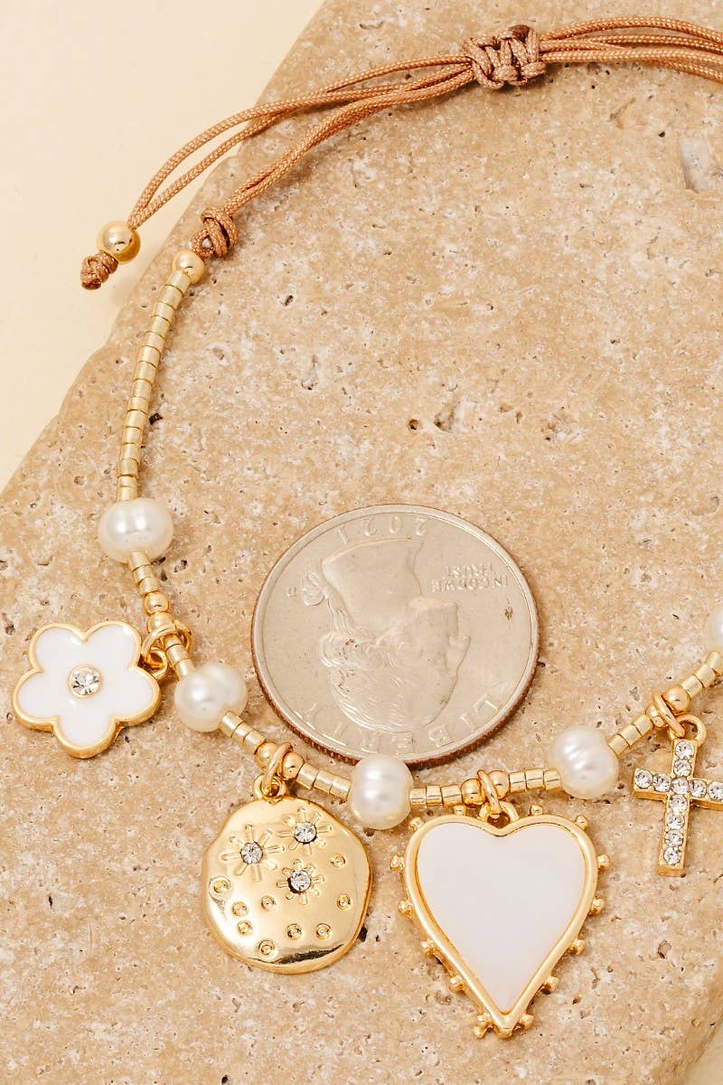 Heart Pearl And Cross Charms Adjustable Cord Bracelet