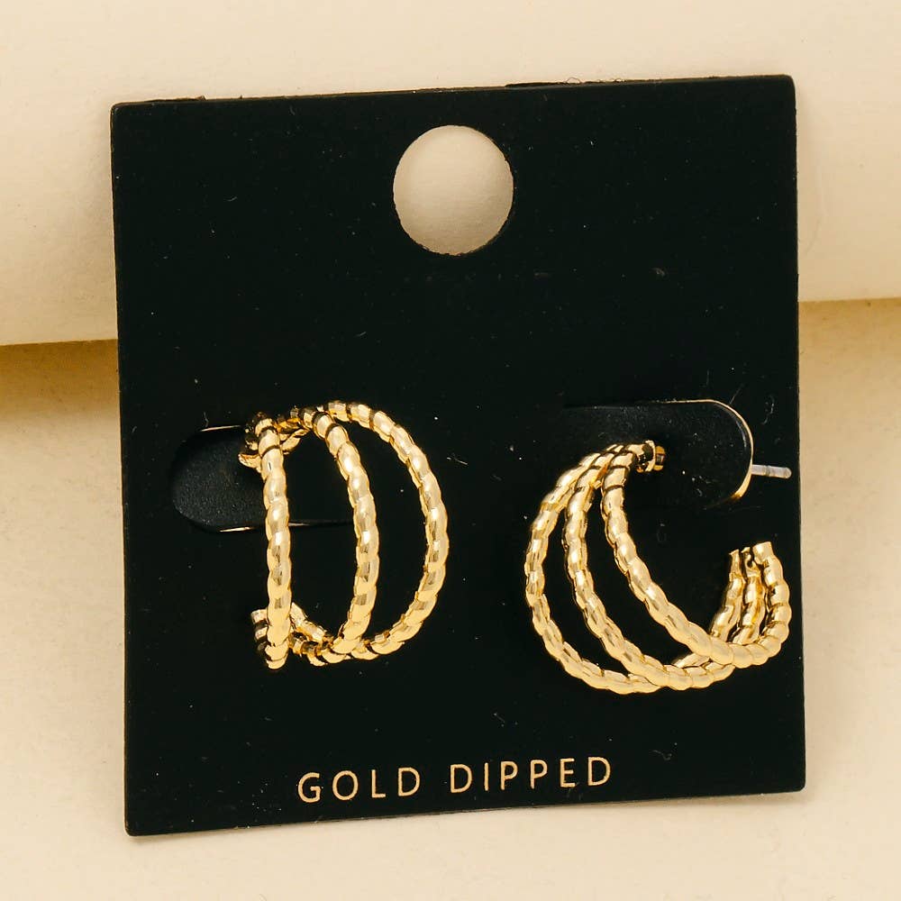 Gold Dipped Textured Triple Layered Hoop Earrings: GOLD