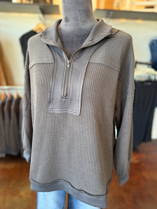 Half Zip Waffle Knit Top - Charcoal