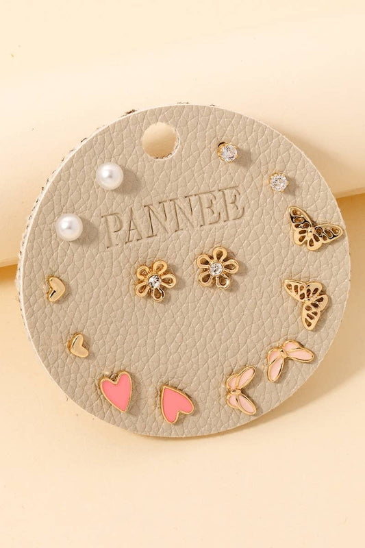Assorted Heart Butterfly And Pearl Stud Earrings Set