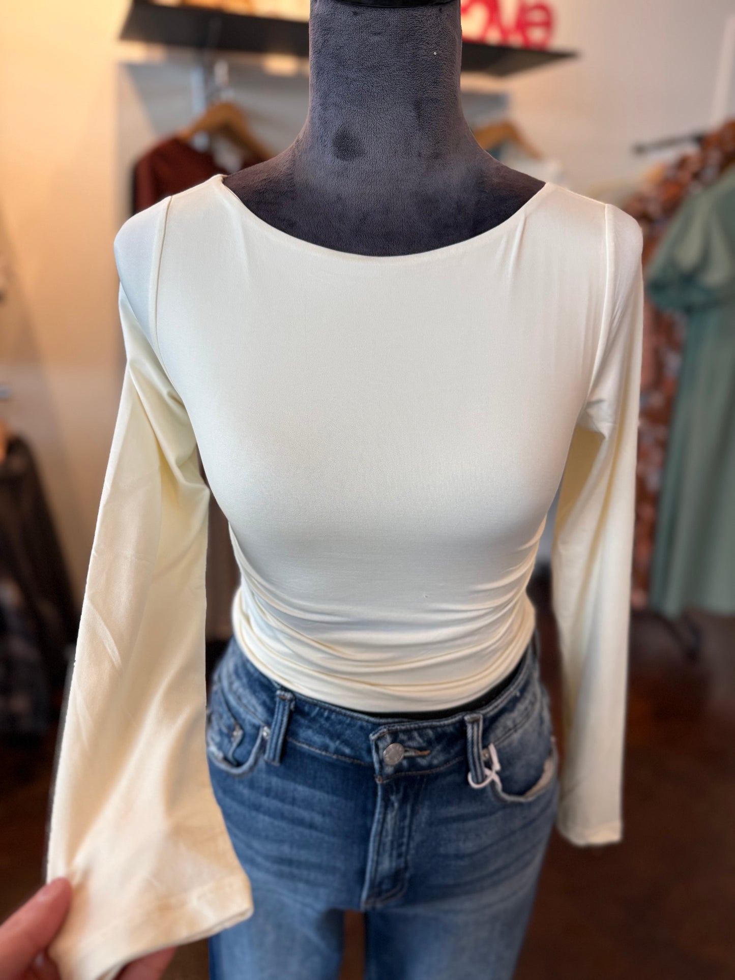 Boat Neck Ruched Detail Long Sleeve Knit Top