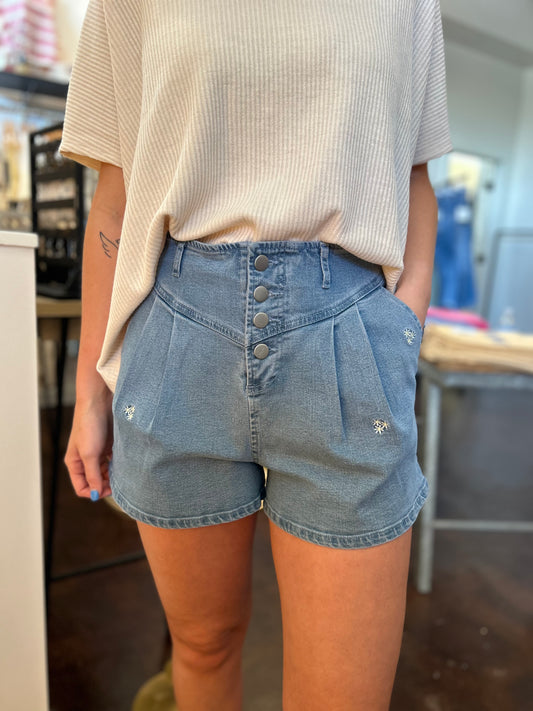 Floral Embroidered Denim Shorts