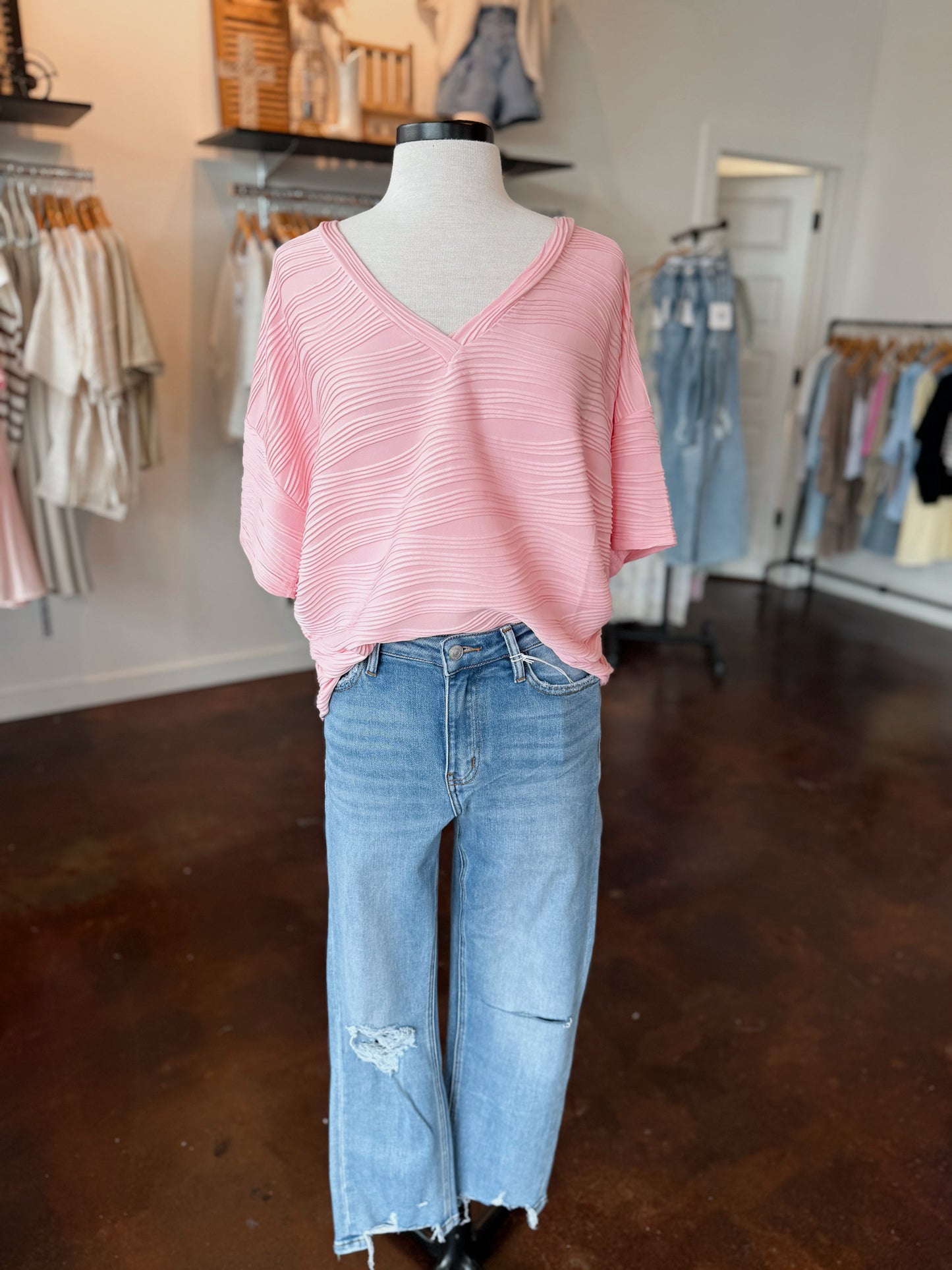 Texture V-Neck Loose Fit Top - Light Pink