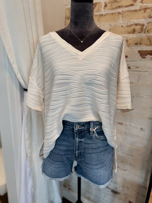 Textured V-Neck Loose Fit Top - Ivory