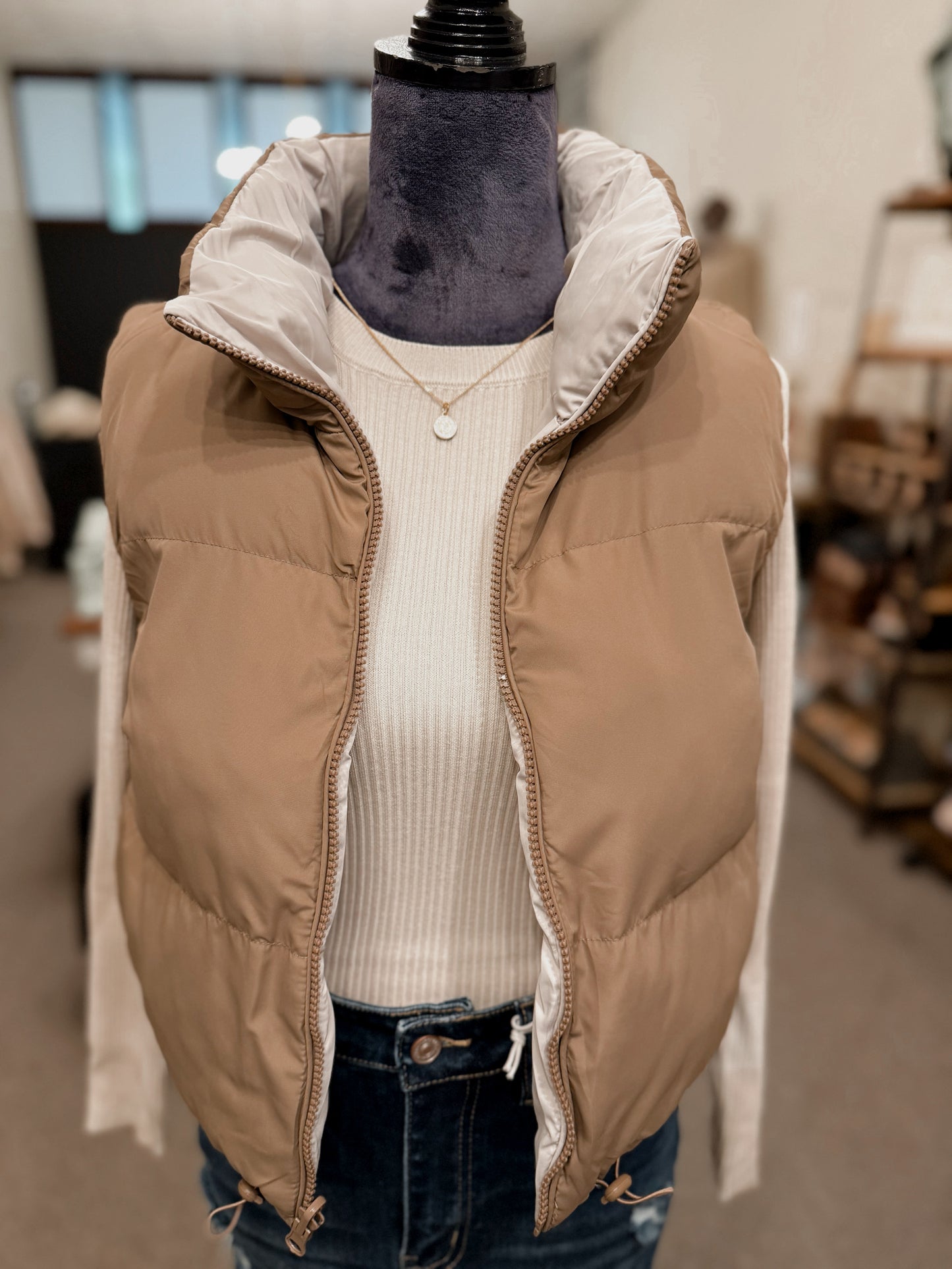 Reversible Puffer Vest - Light Mocha