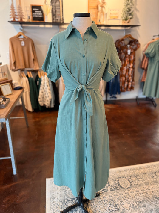 Puff Sleeve Bubble Hem Button Down Midi Dress