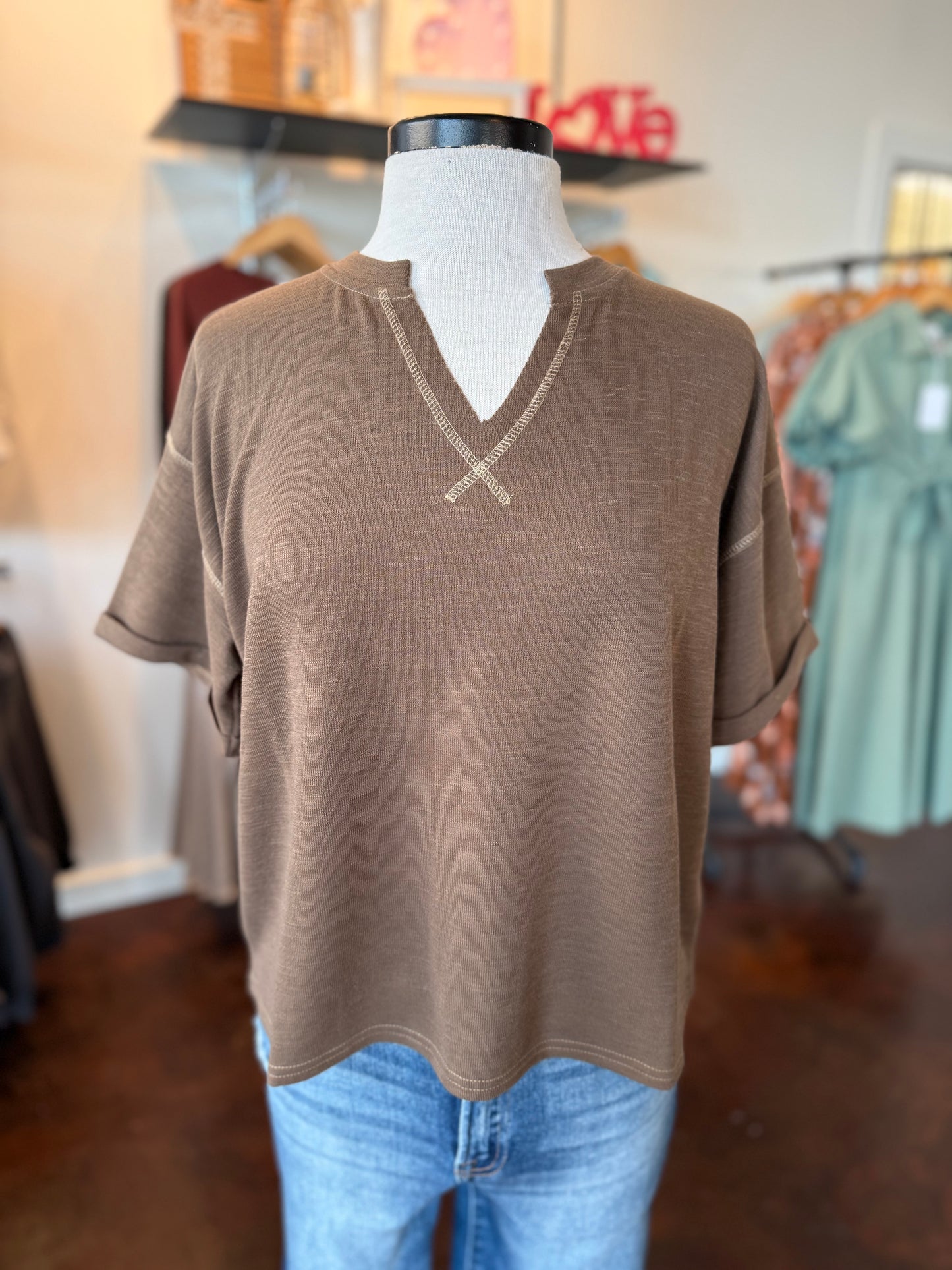 Contrast Stitch Drop Shoulder Cuff Sleeve Knit Top