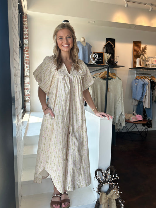 Floral + Bow Print Puff Sleeve Maxi Dress