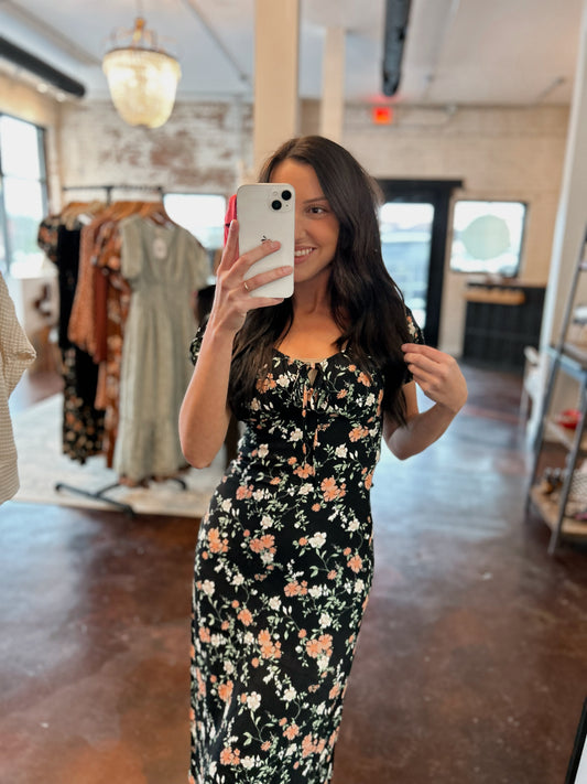 Elegant Floral Puff Sleeve Midi Dress