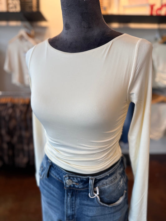 Boat Neck Ruched Detail Long Sleeve Knit Top