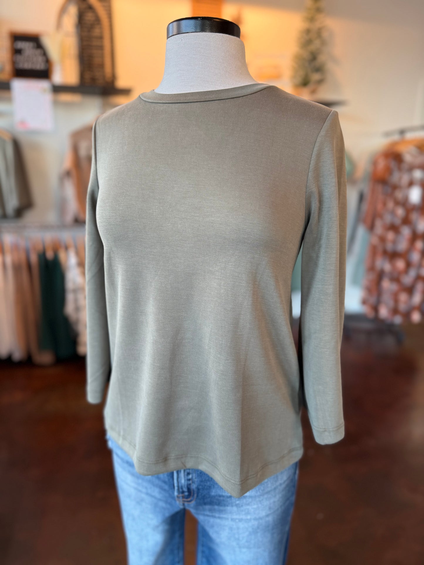 Olive Round Neck 3/4 Sleeve Top