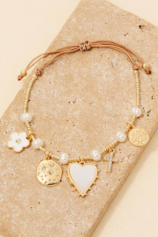 Heart Pearl And Cross Charms Adjustable Cord Bracelet