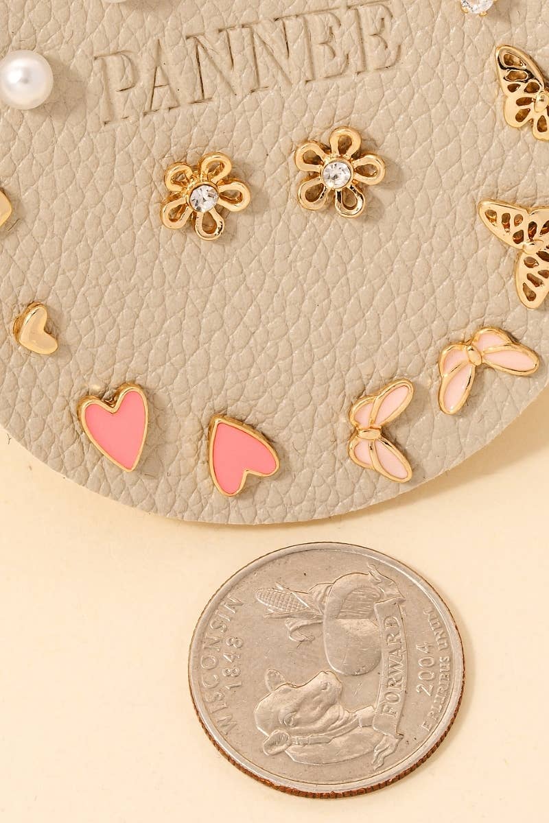 Assorted Heart Butterfly And Pearl Stud Earrings Set