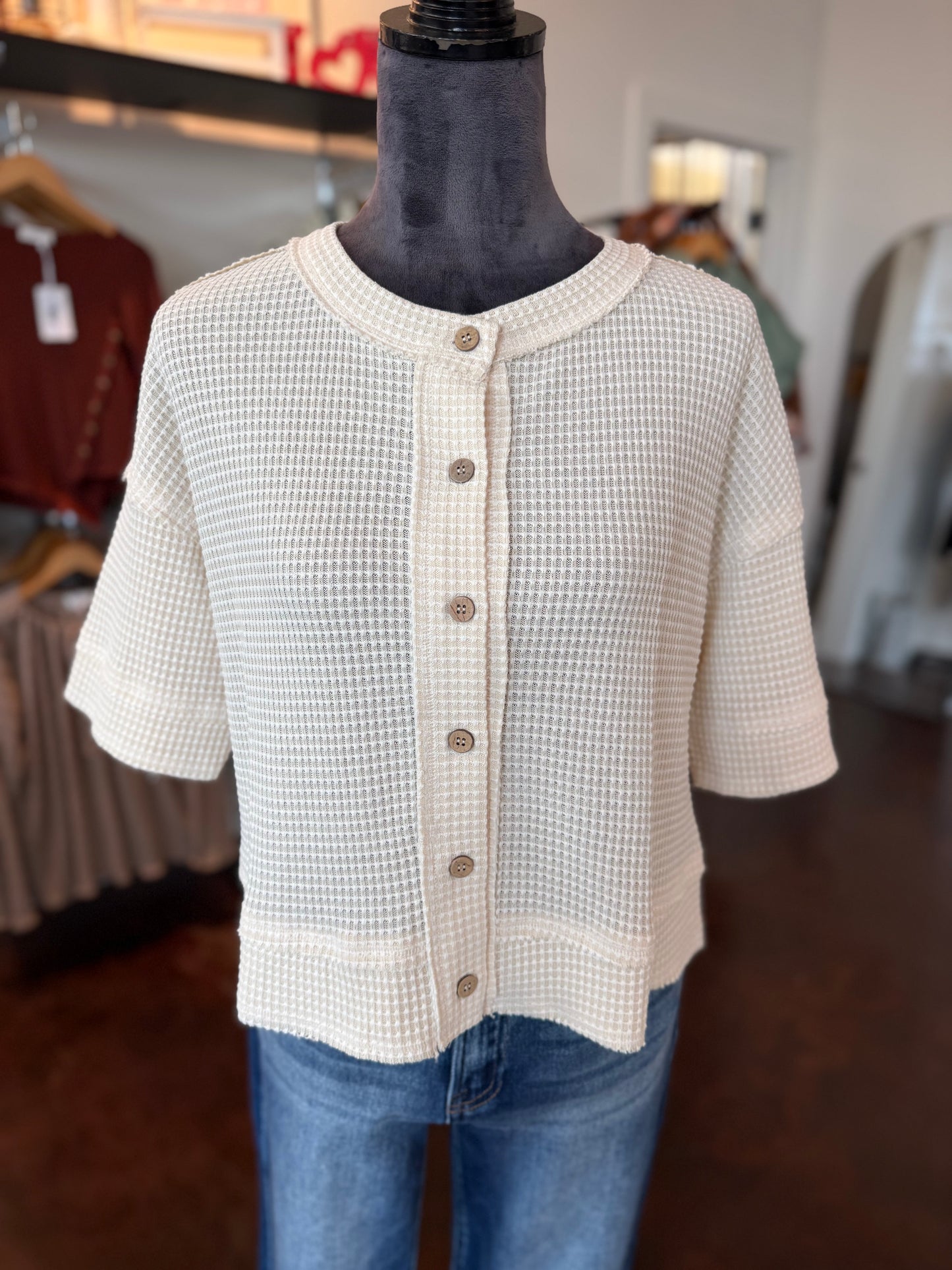 Waffle Knit Button Down Short Sleeve Top