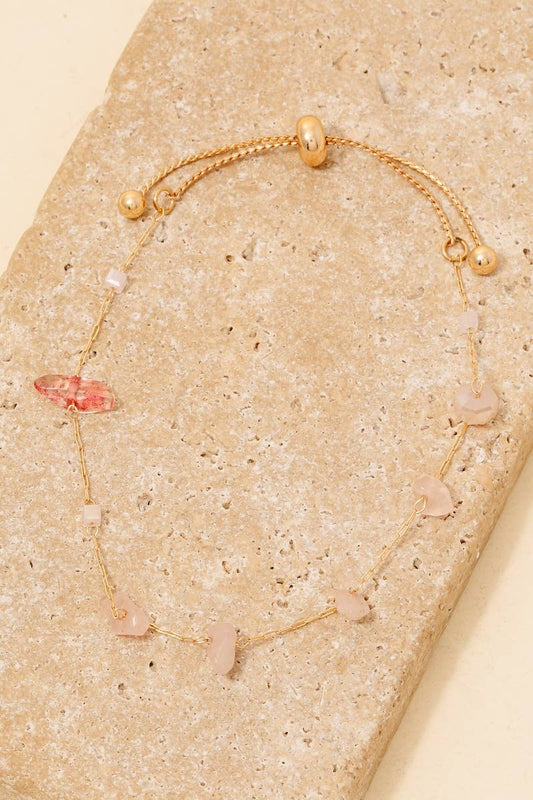 Pebble Stones And Faceted Beads Chain Bracelet - Pink