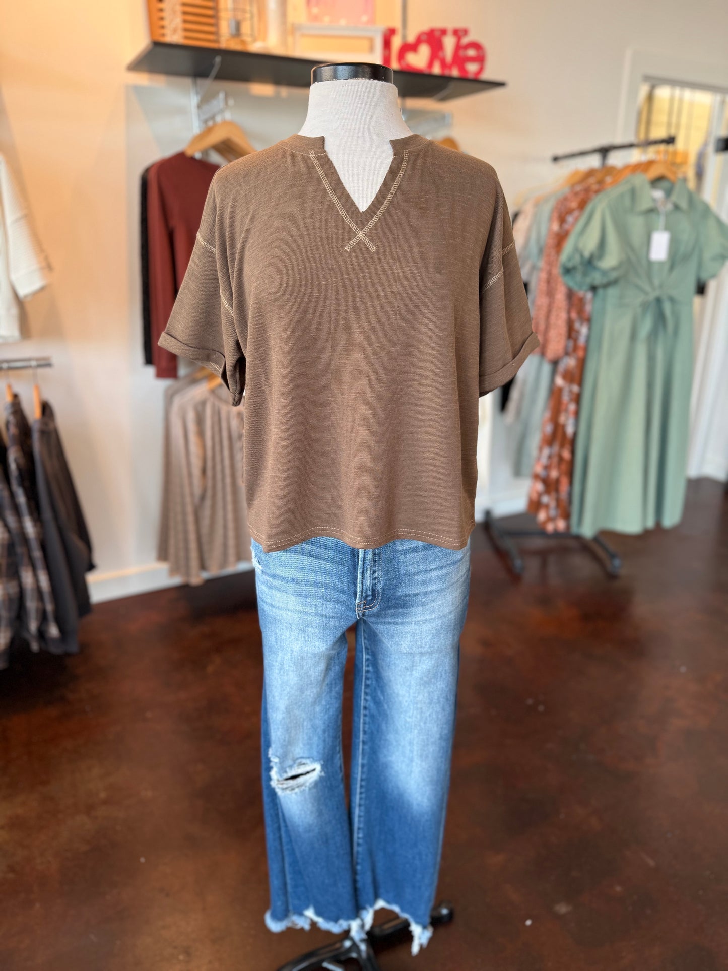 Contrast Stitch Drop Shoulder Cuff Sleeve Knit Top