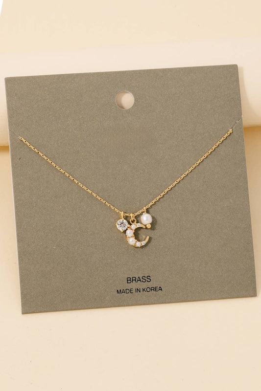 Pearl And Rhinestone Cluster Moon Pendant Necklace