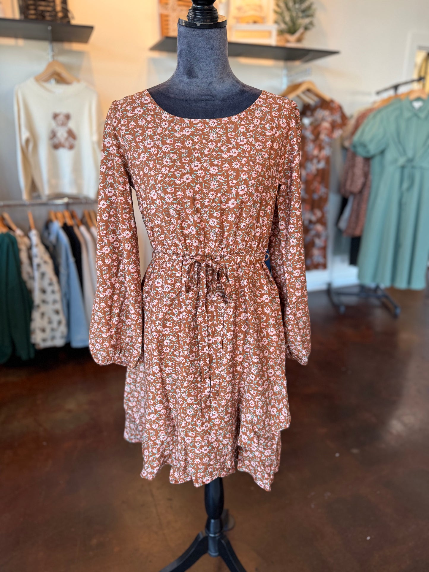 Long Sleeve Waist Tie Disty Mini Dress