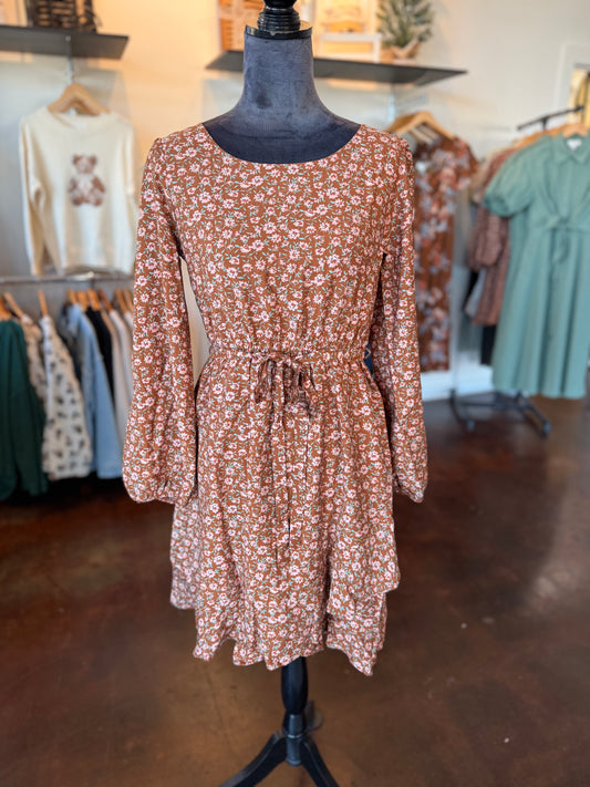 Long Sleeve Waist Tie Disty Mini Dress