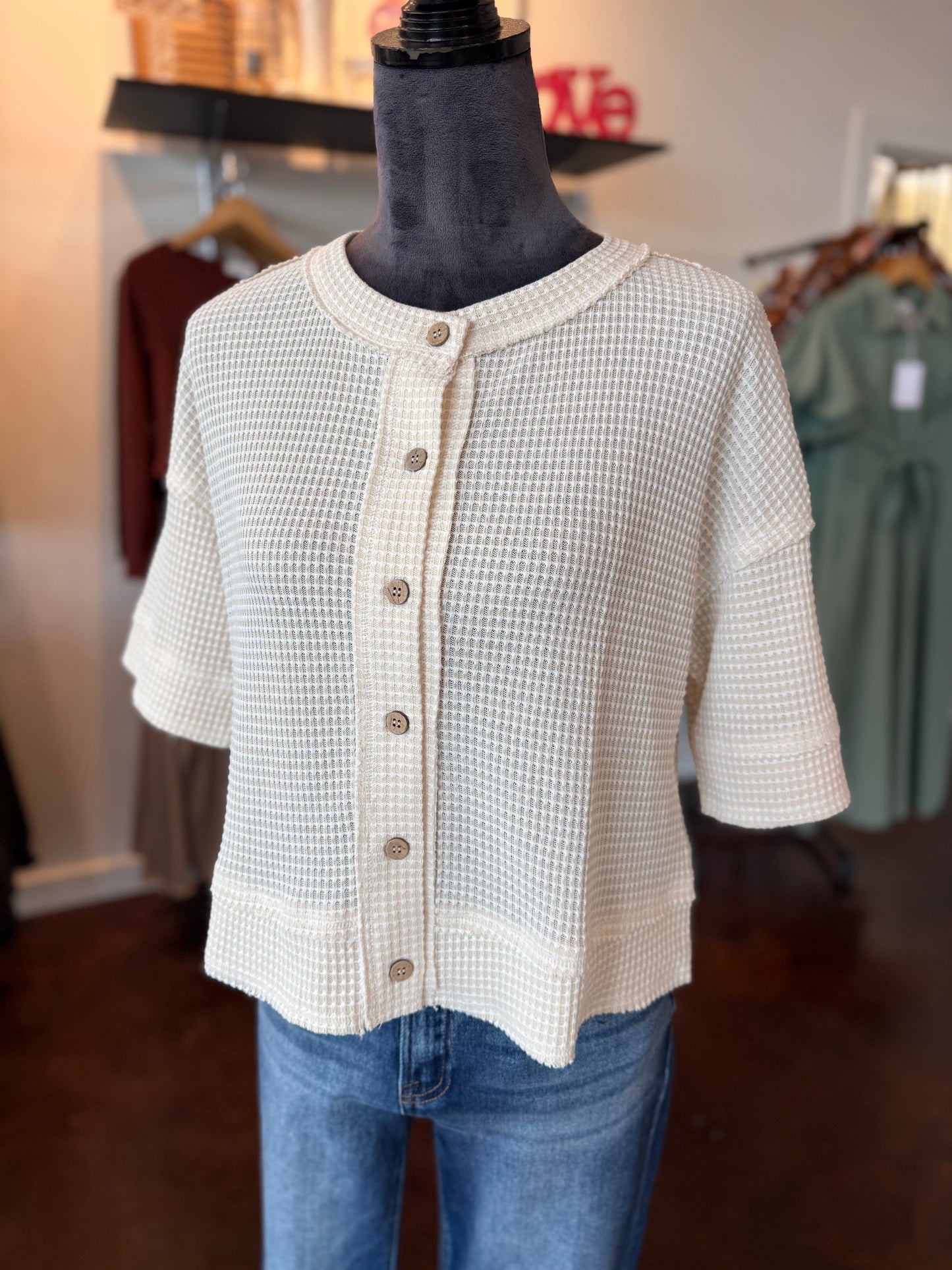 Waffle Knit Button Down Short Sleeve Top