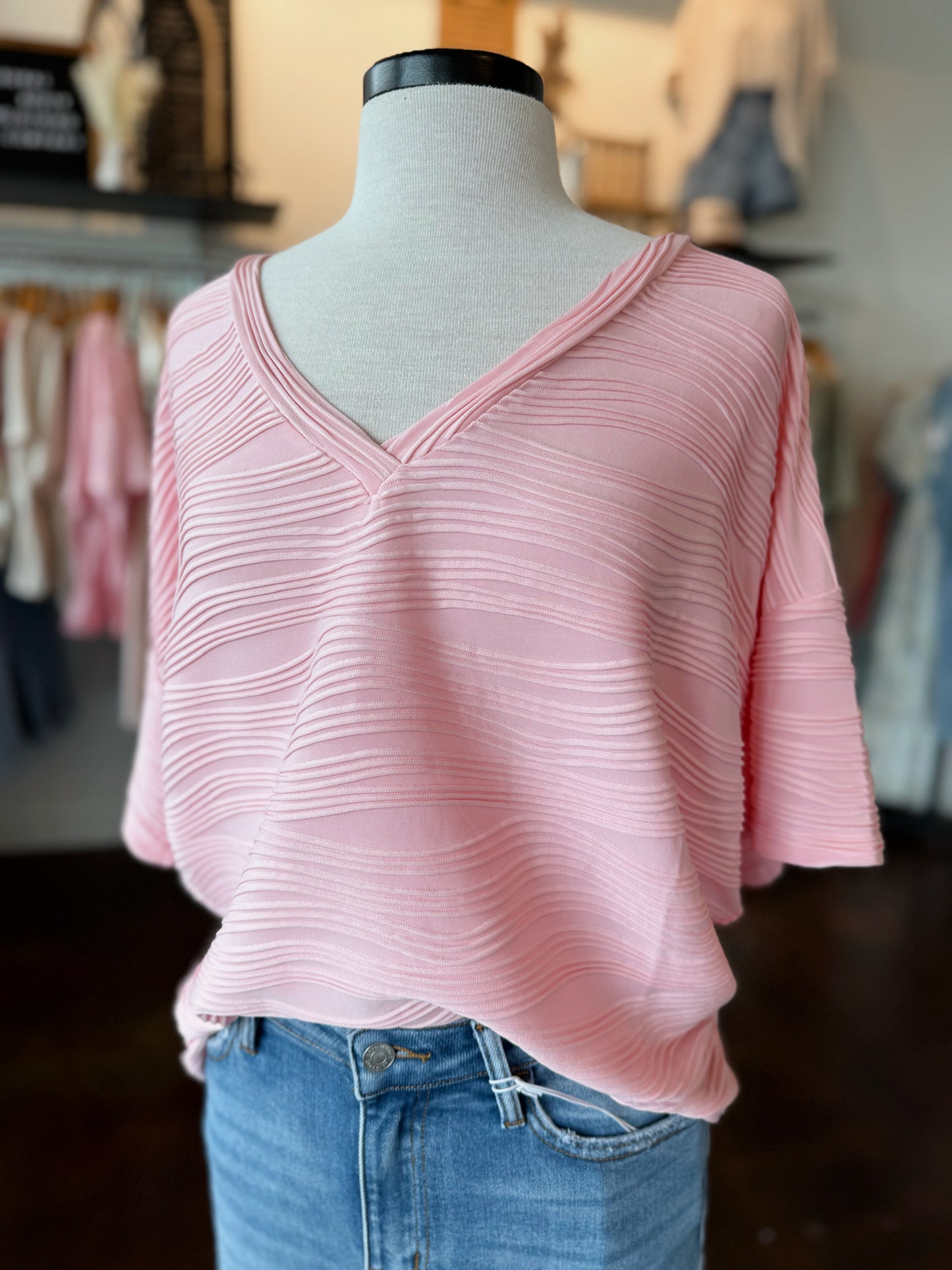 Texture V-Neck Loose Fit Top - Light Pink