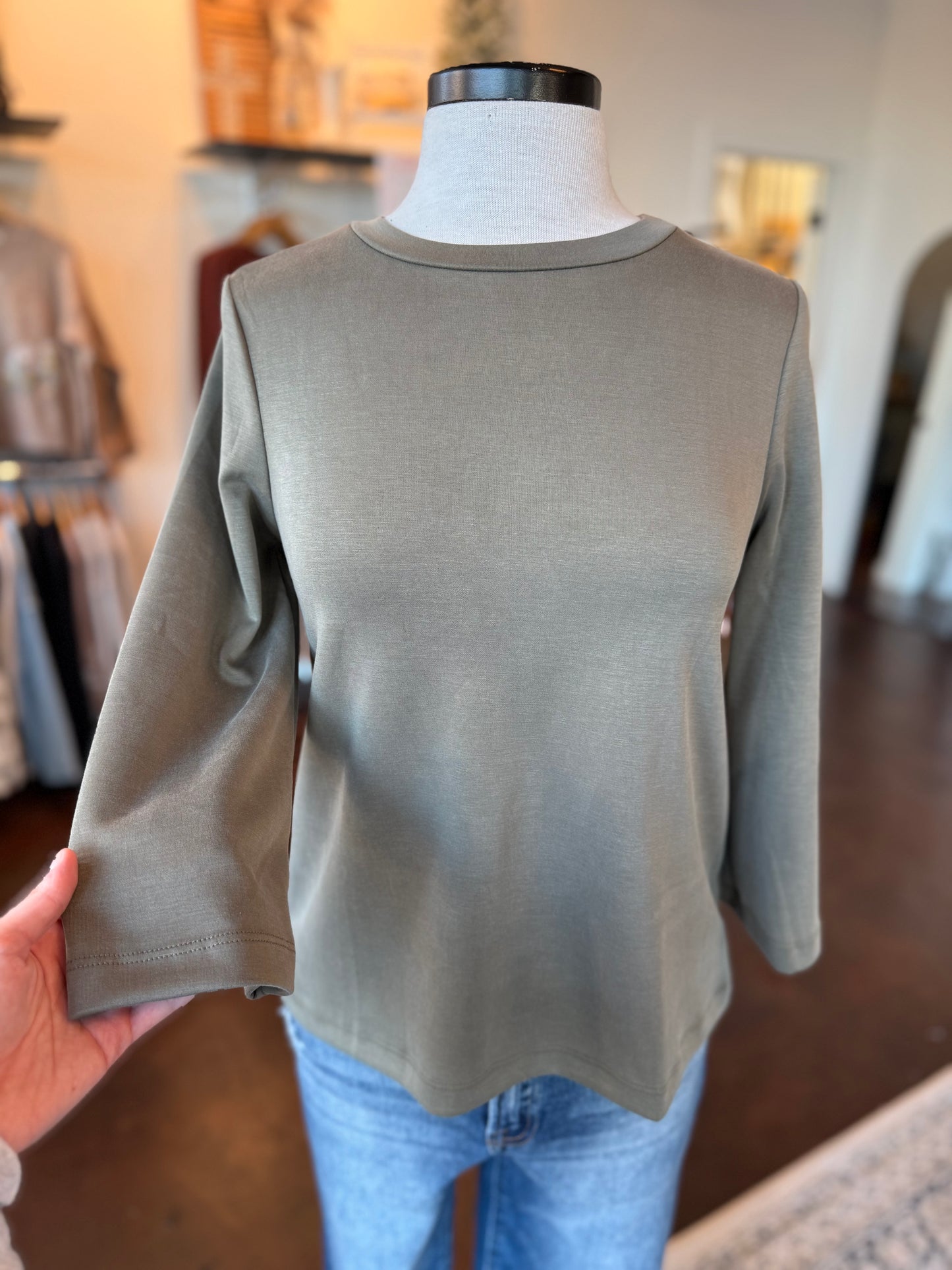 Olive Round Neck 3/4 Sleeve Top