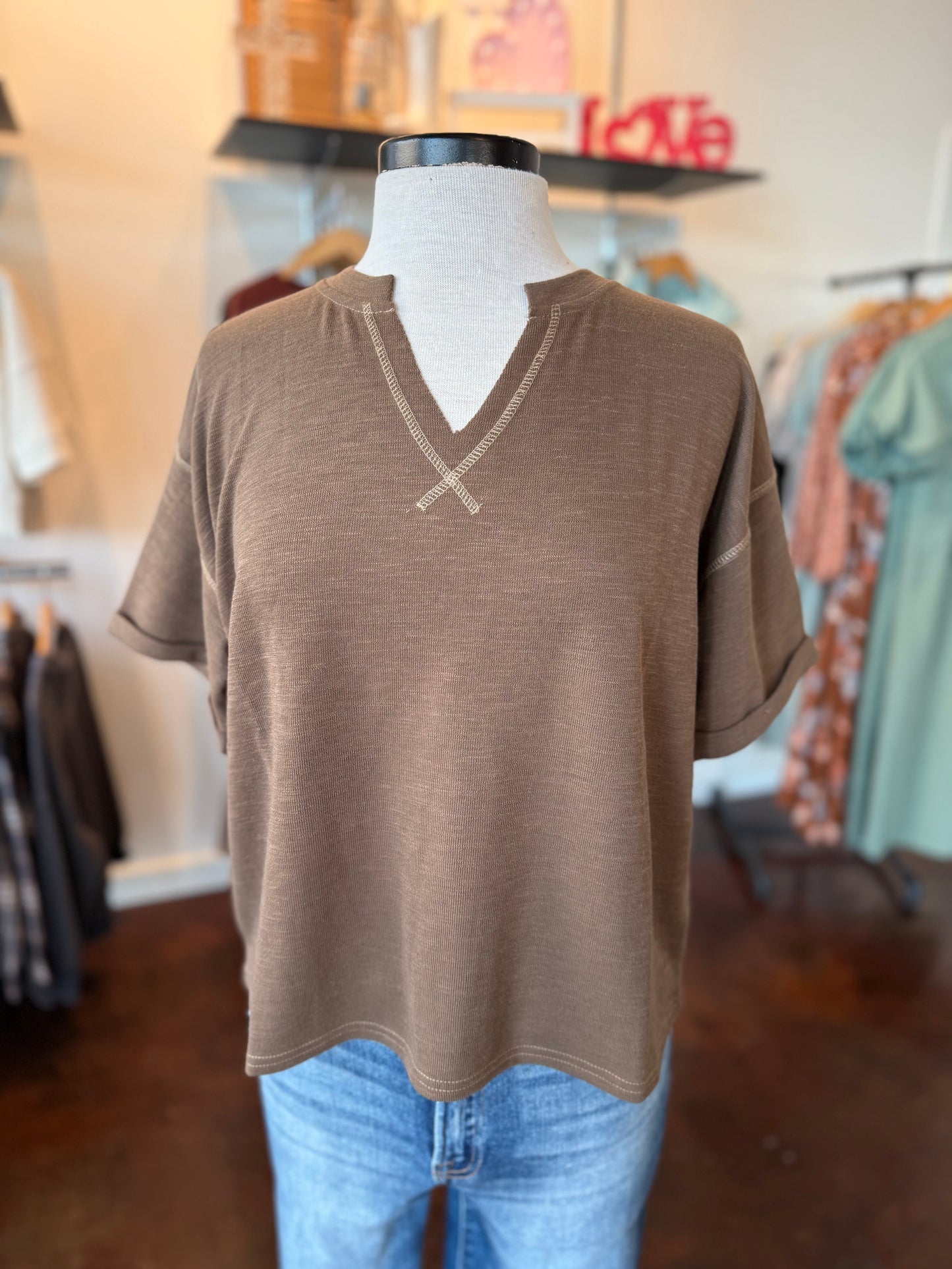 Contrast Stitch Drop Shoulder Cuff Sleeve Knit Top